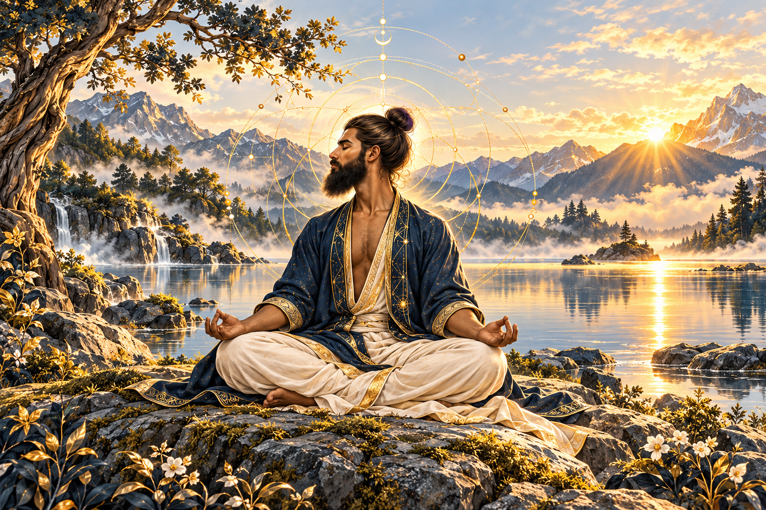 LUI en méditation : homme métissé, grande barbe et cheveux longs attachés en chignon, face au lac.